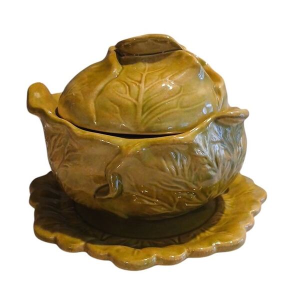 Cabbage Lettuce Turain Serving Bowl Lid Dish Platter Green Ceramic Cottage Farm - Picture 8 of 16